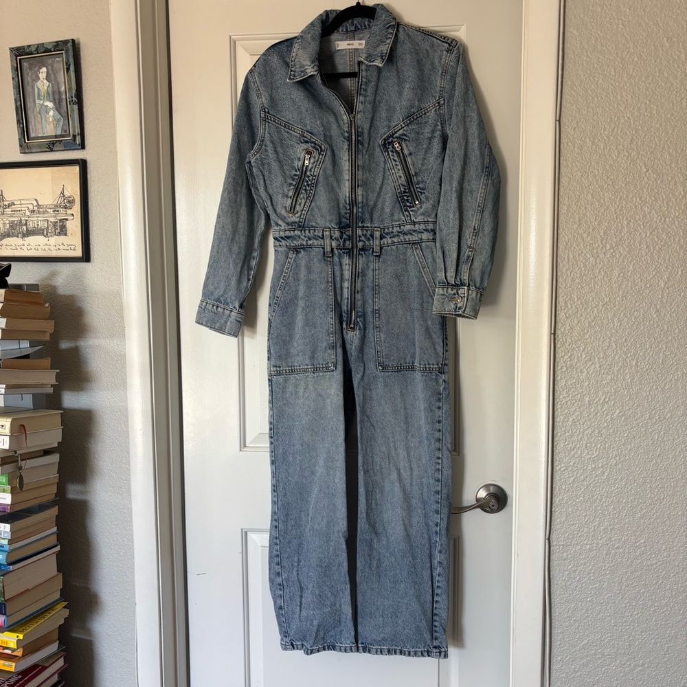 Mango zipper denim blue jean biker jumpsuit size small